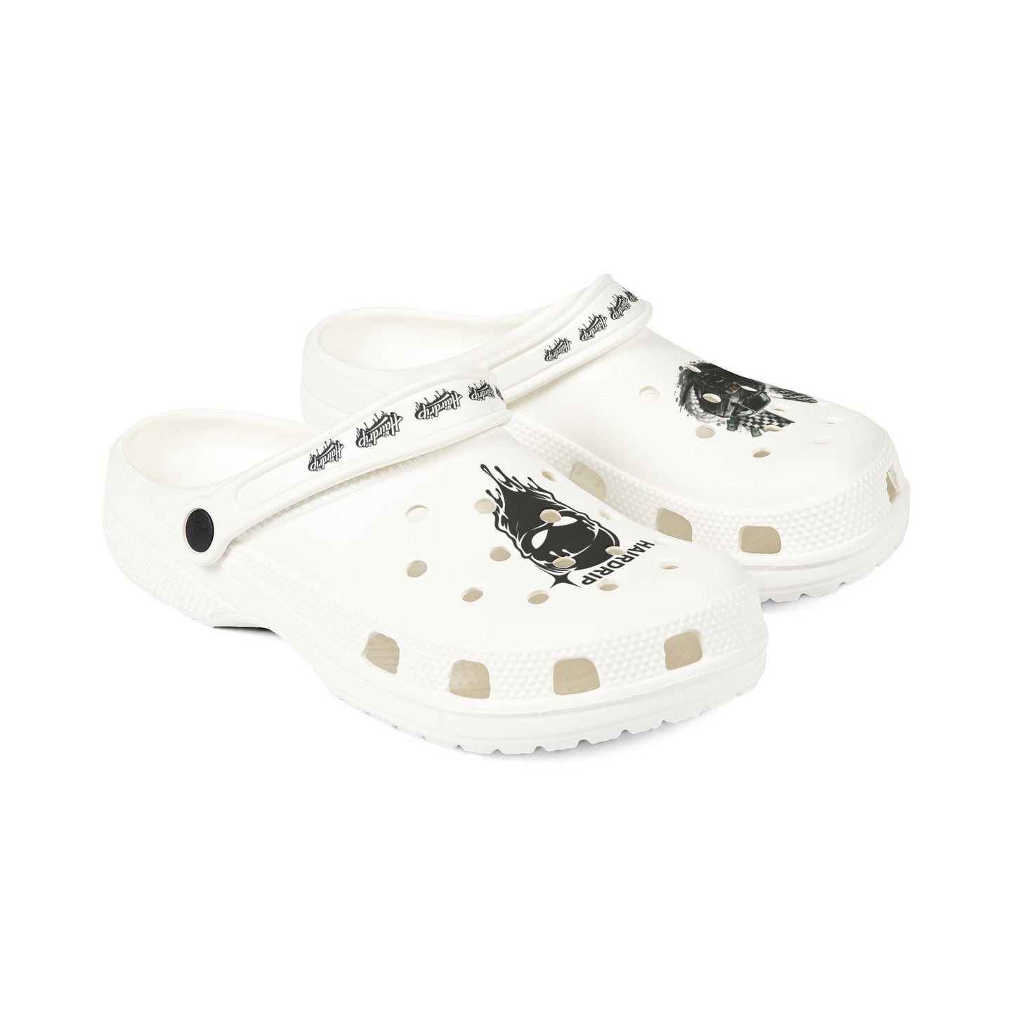 White EVA Foam Clogs with Black Grinning Mask & Car Graphics — 'HAIRDRIP' Logo