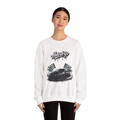 Car Crewneck Sweatshirt — 'Hairdrip' Drifting Muscle Car Design