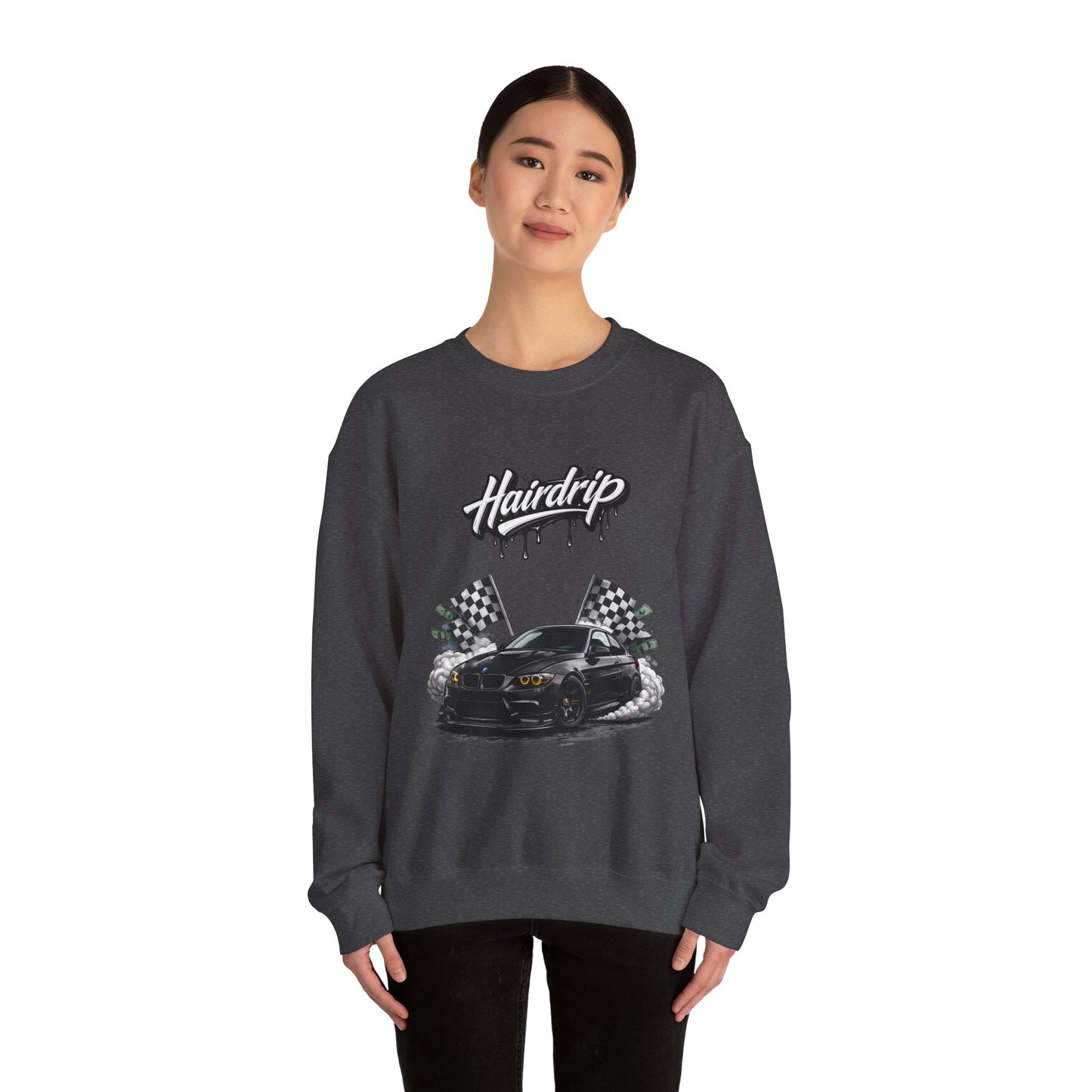 Car Crewneck Sweatshirt — 'Hairdrip' Drifting Muscle Car Design