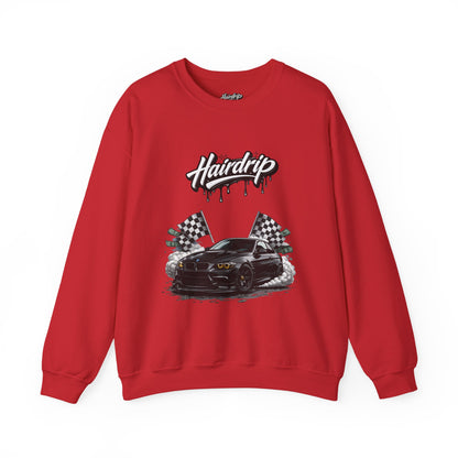 Car Crewneck Sweatshirt — 'Hairdrip' Drifting Muscle Car Design