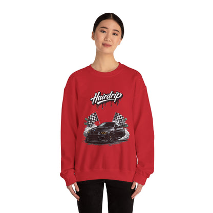 Car Crewneck Sweatshirt — 'Hairdrip' Drifting Muscle Car Design