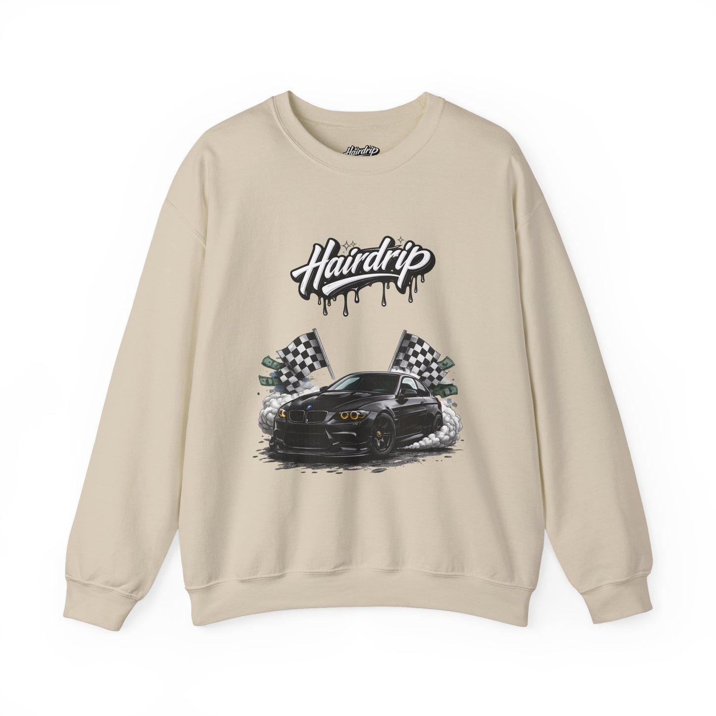 Car Crewneck Sweatshirt — 'Hairdrip' Drifting Muscle Car Design