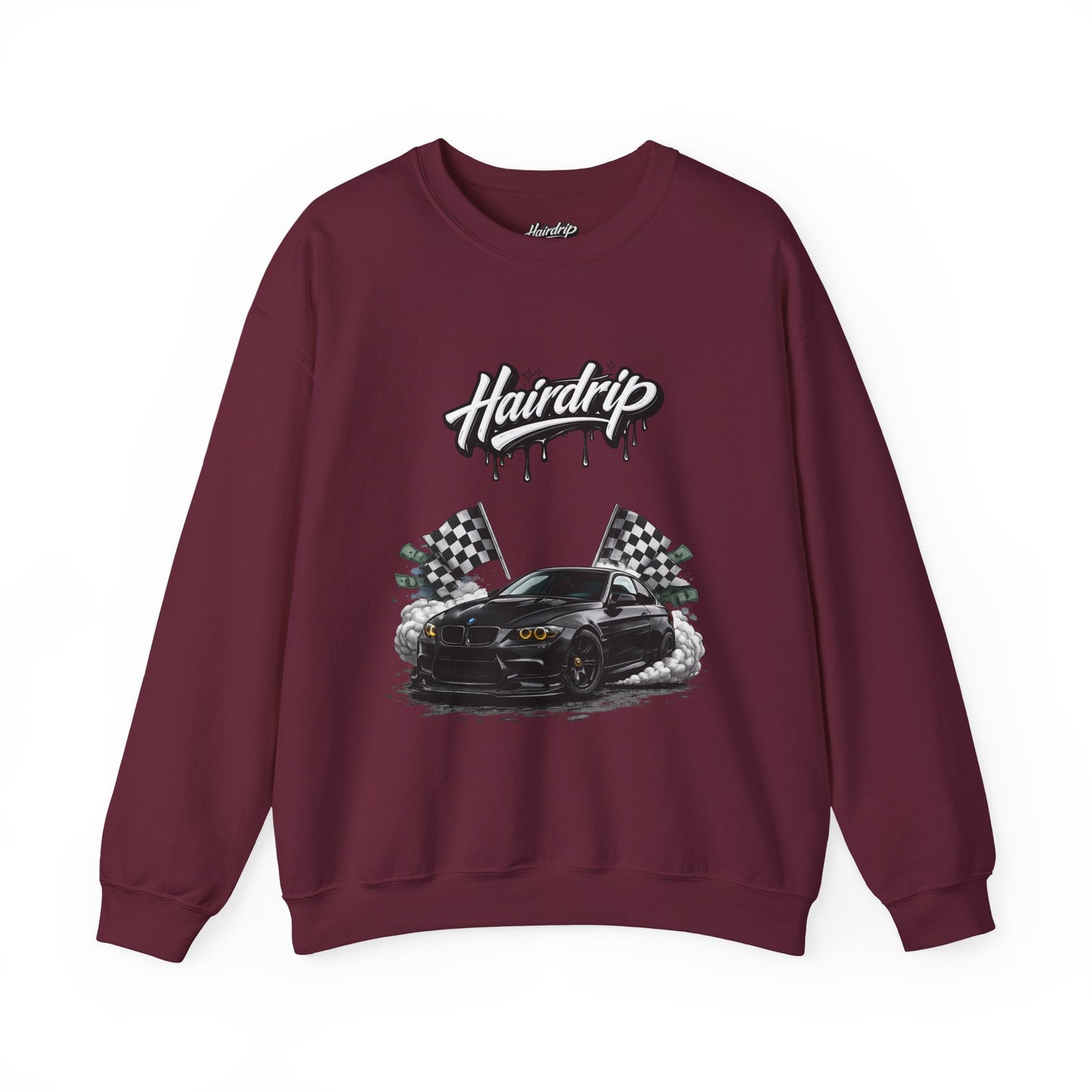 Car Crewneck Sweatshirt — 'Hairdrip' Drifting Muscle Car Design