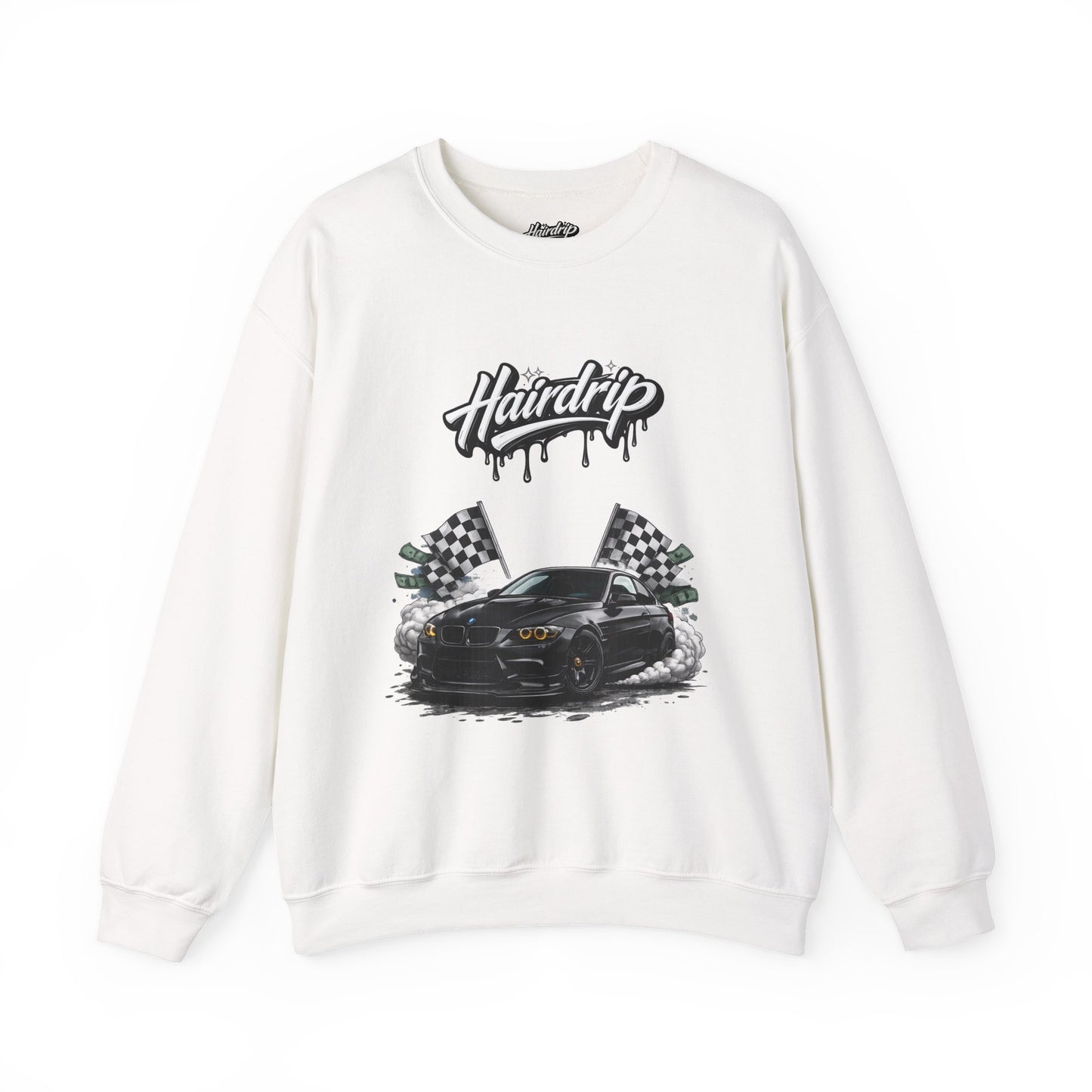Car Crewneck Sweatshirt — 'Hairdrip' Drifting Muscle Car Design