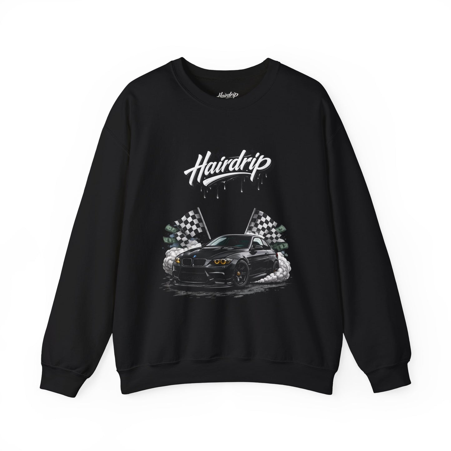 Car Crewneck Sweatshirt — 'Hairdrip' Drifting Muscle Car Design