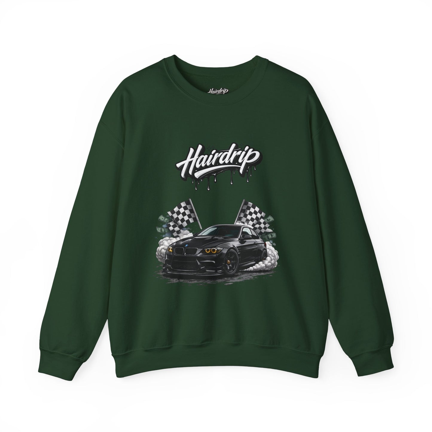 Car Crewneck Sweatshirt — 'Hairdrip' Drifting Muscle Car Design