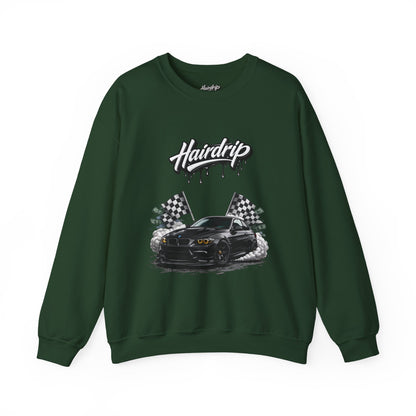 Car Crewneck Sweatshirt — 'Hairdrip' Drifting Muscle Car Design