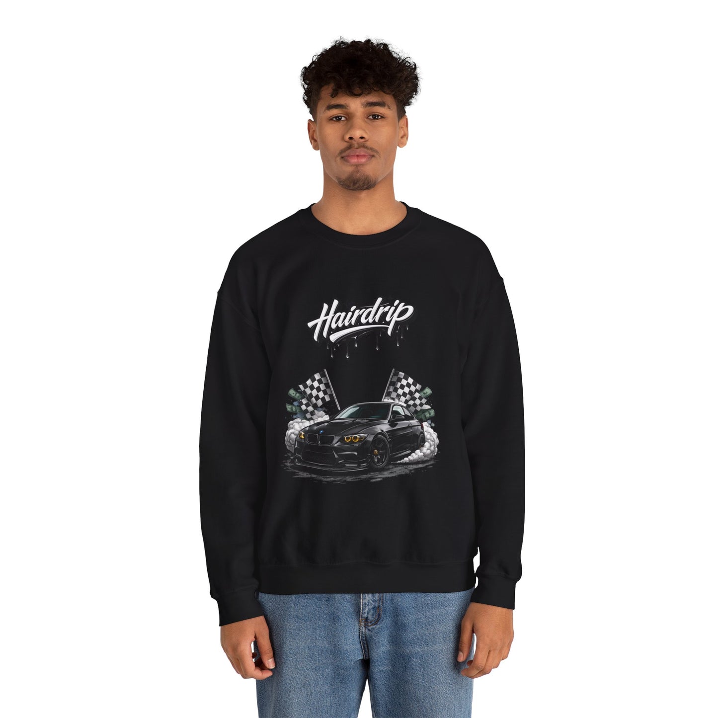Car Crewneck Sweatshirt — 'Hairdrip' Drifting Muscle Car Design