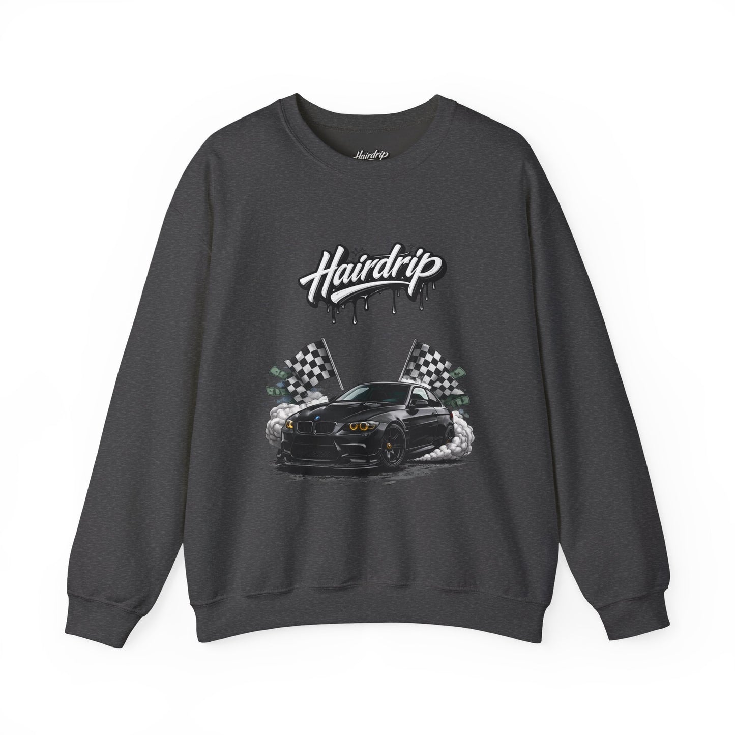 Car Crewneck Sweatshirt — 'Hairdrip' Drifting Muscle Car Design