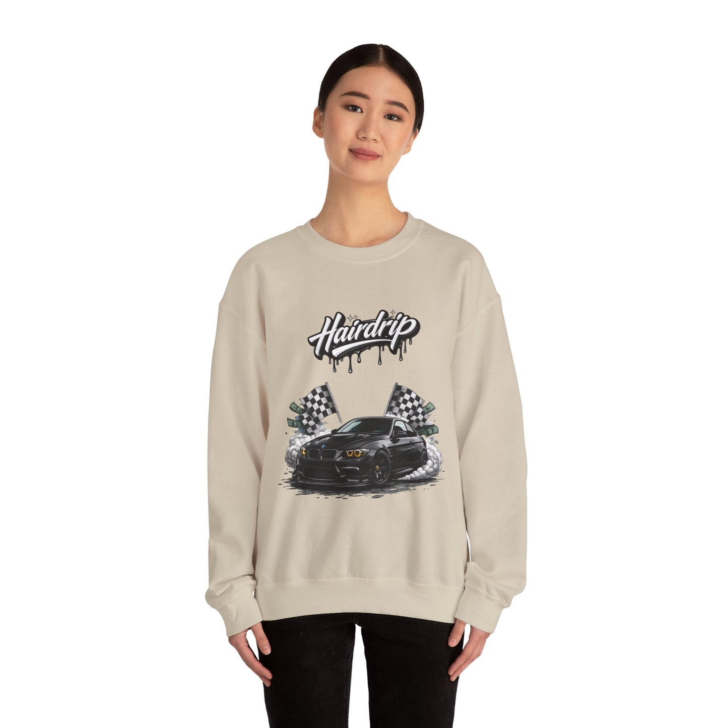 Car Crewneck Sweatshirt — 'Hairdrip' Drifting Muscle Car Design