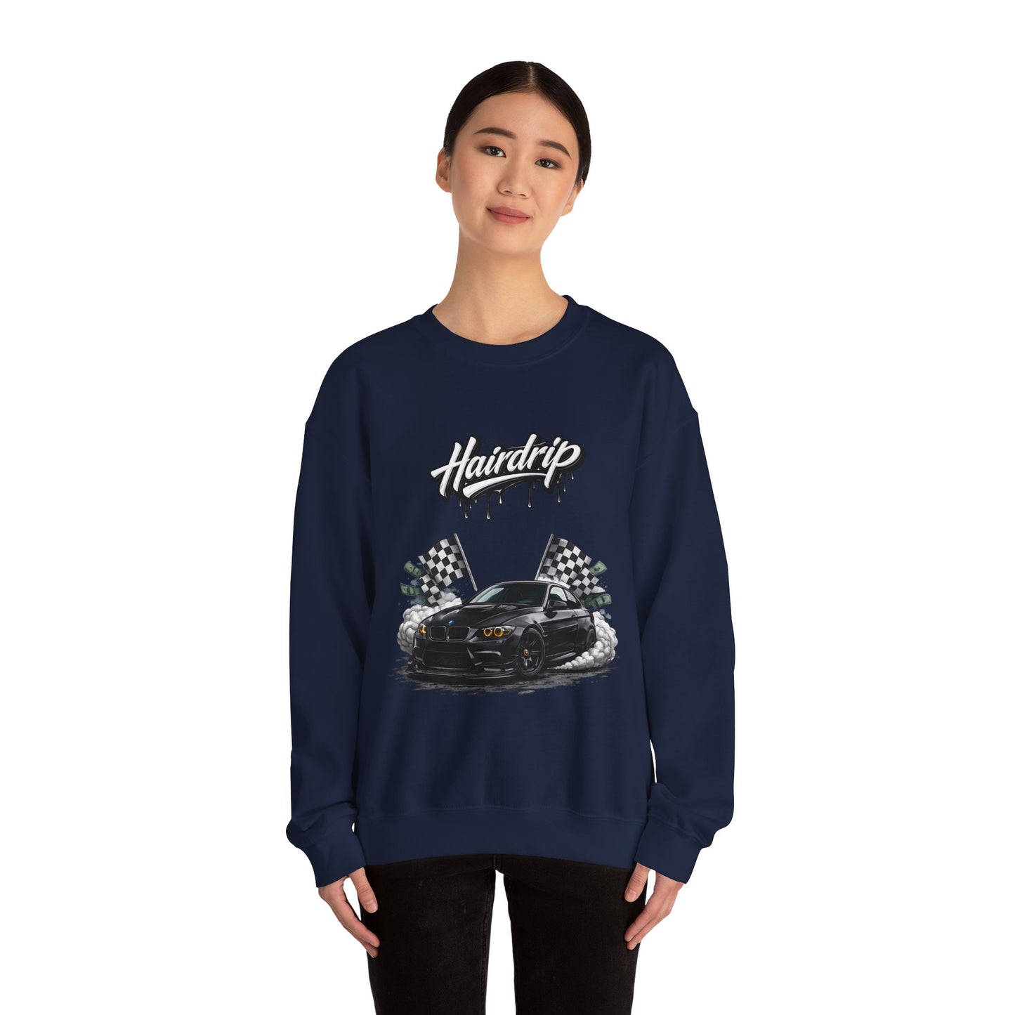 Car Crewneck Sweatshirt — 'Hairdrip' Drifting Muscle Car Design