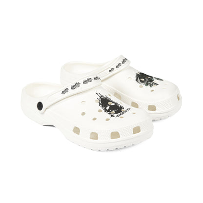 White EVA Foam Clogs with Black Grinning Mask & Car Graphics — 'HAIRDRIP' Logo