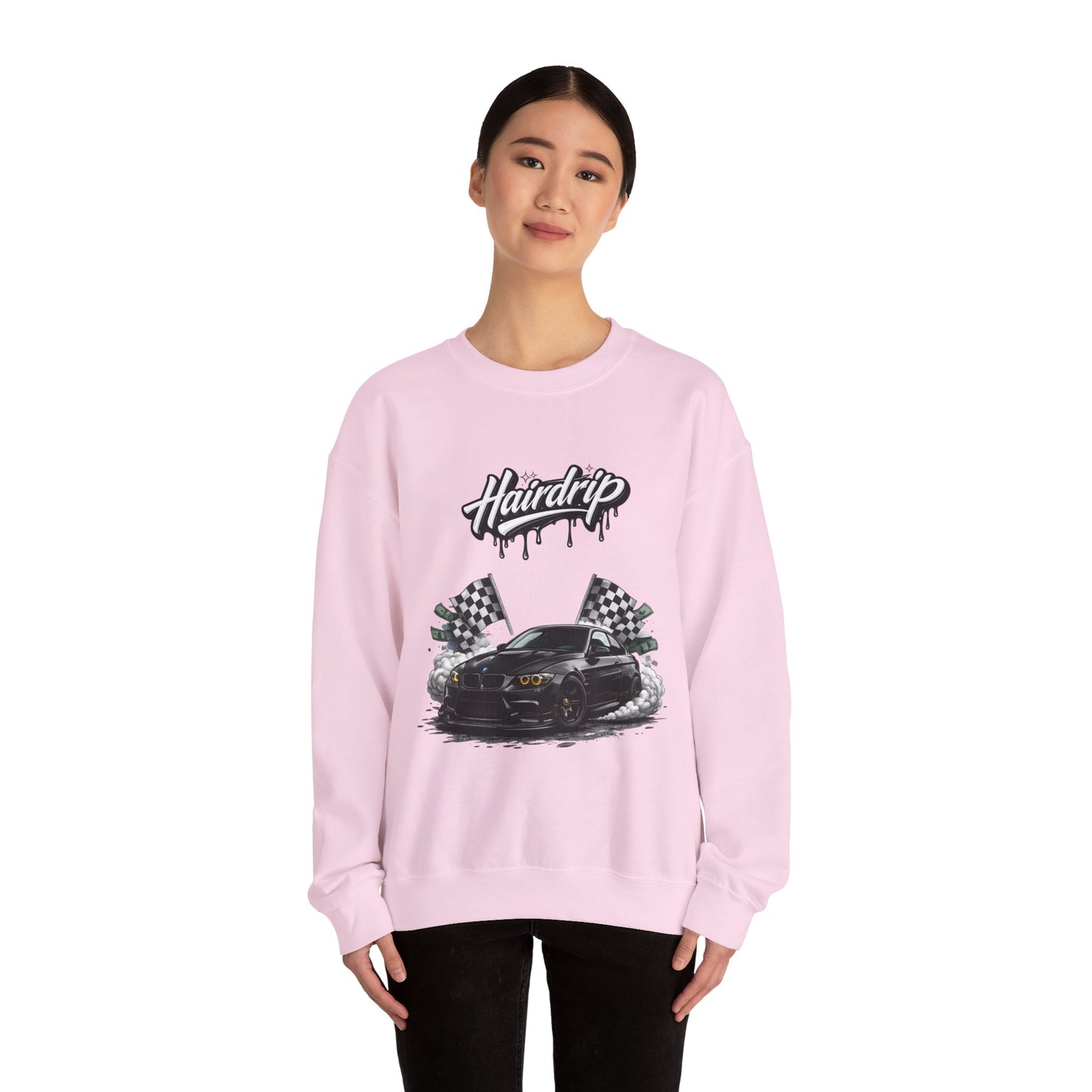 Car Crewneck Sweatshirt — 'Hairdrip' Drifting Muscle Car Design