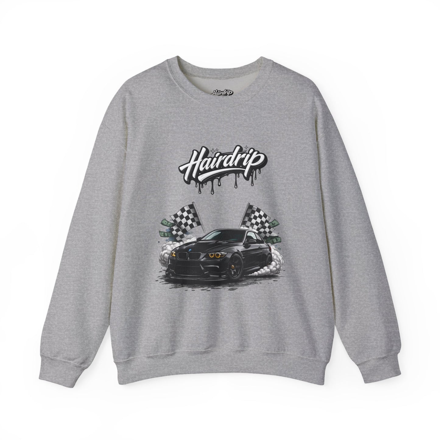 Car Crewneck Sweatshirt — 'Hairdrip' Drifting Muscle Car Design