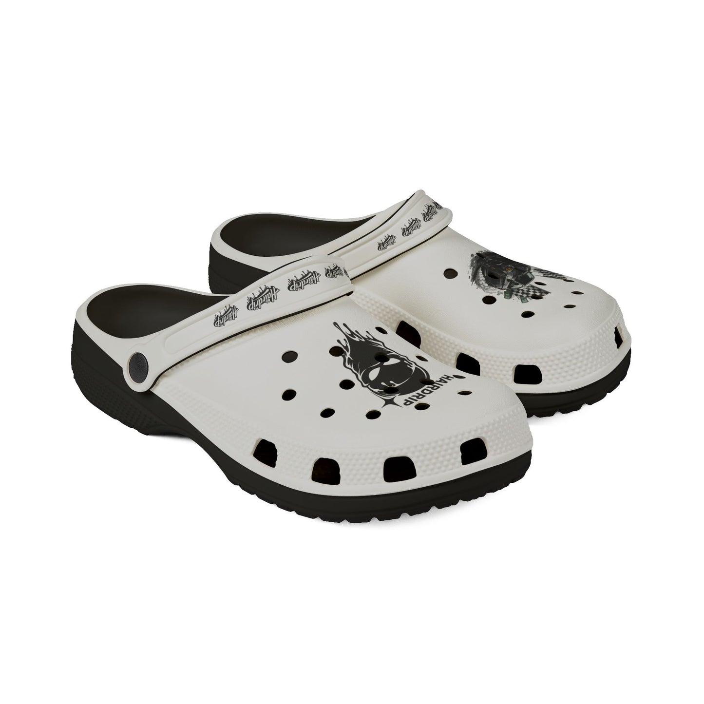 White EVA Foam Clogs with Black Grinning Mask & Car Graphics — 'HAIRDRIP' Logo