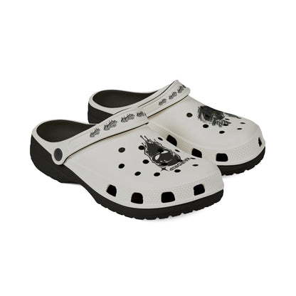 White EVA Foam Clogs with Black Grinning Mask & Car Graphics — 'HAIRDRIP' Logo