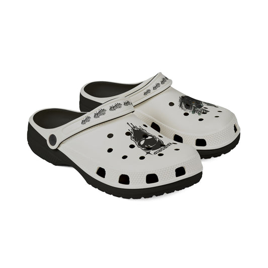 White EVA Foam Clogs with Black Grinning Mask & Car Graphics — 'HAIRDRIP' Logo